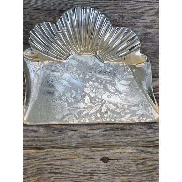Antique Crumb Pan Tray Clam Shells Etched Bluebird flowers - Picture 3 of 16